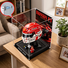 Dustproof HD Acrylic Display Case with Magnetic Access Door & UV Protection for LEGO 43014 Leclerc & Hamilton Helmets