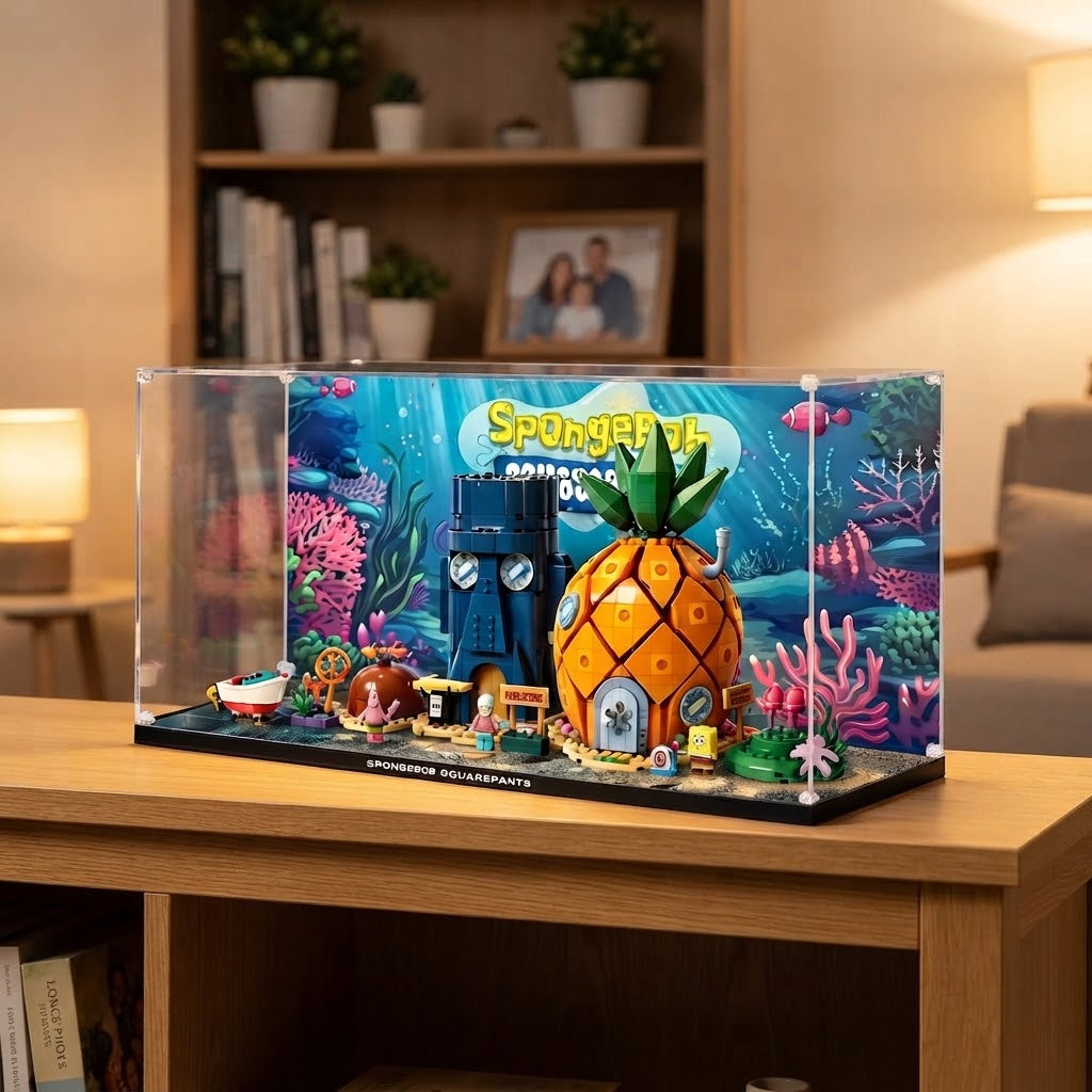 Dustproof HD Ultra-Clear Acrylic Display Case with Water Ripple LED Light & UV Protection for SpongeBob SquarePants Bikini Bottom 11386