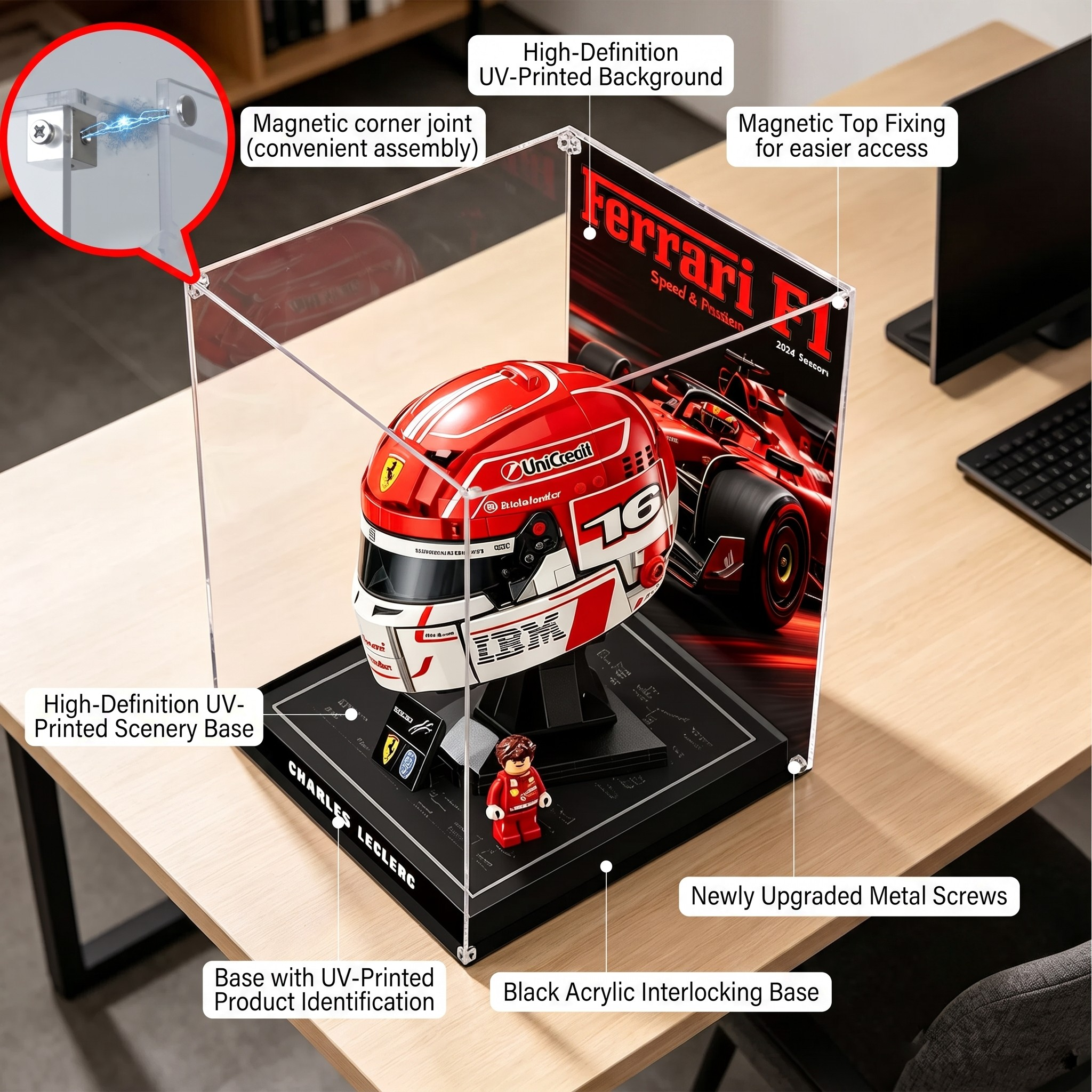 Dustproof HD Acrylic Display Case with Magnetic Access Door & UV Protection for LEGO 43014 Leclerc & Hamilton Helmets