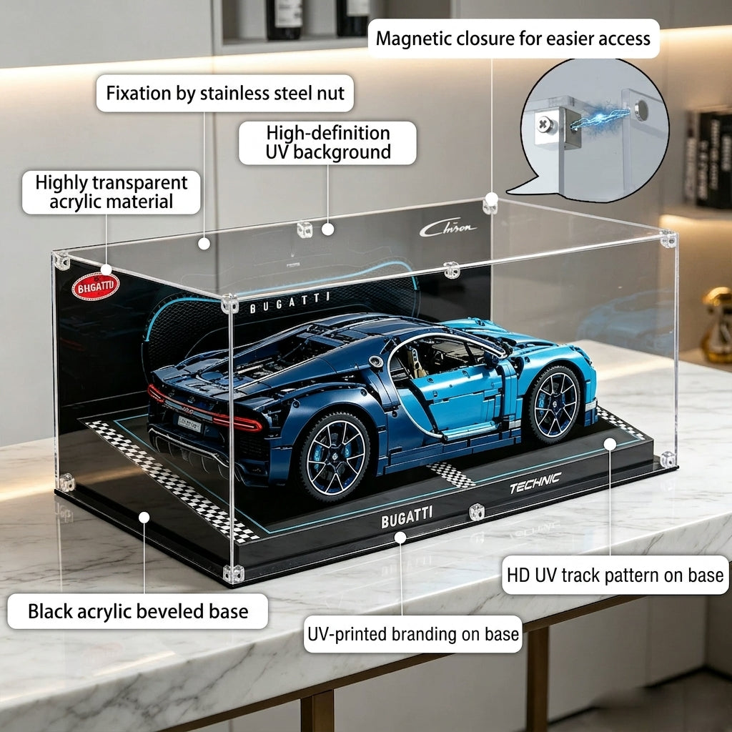 Dustproof HD Ultra-Clear Magnetic Door Acrylic Display Case with UV Protection for Bugatti Chiron 42083