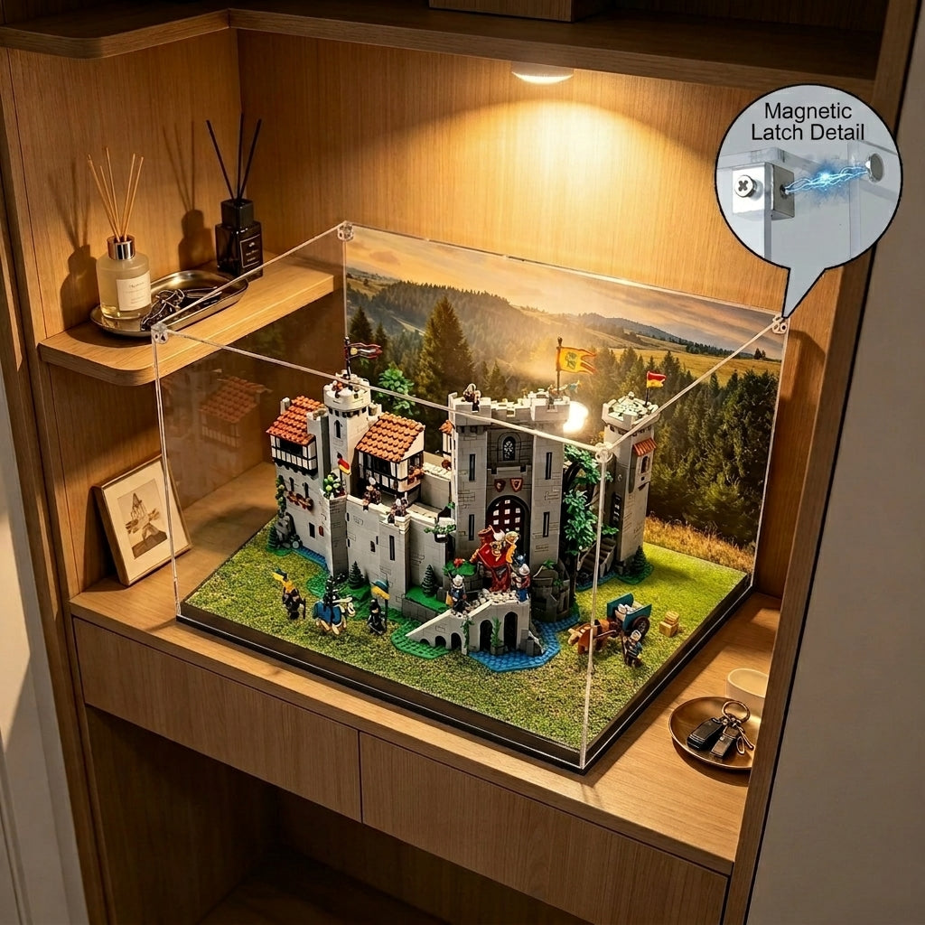 Dustproof HD Ultra-Clear Acrylic Display Case with Magnetic Door & UV Protection for Lion Knights' Castle 10305