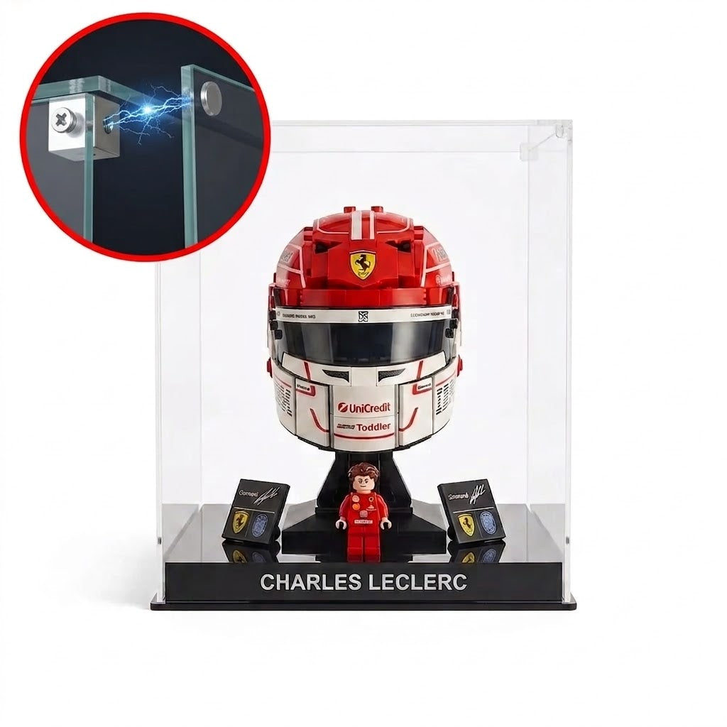 Dustproof HD Acrylic Display Case with Magnetic Access Door & UV Protection for LEGO 43014 Leclerc & Hamilton Helmets
