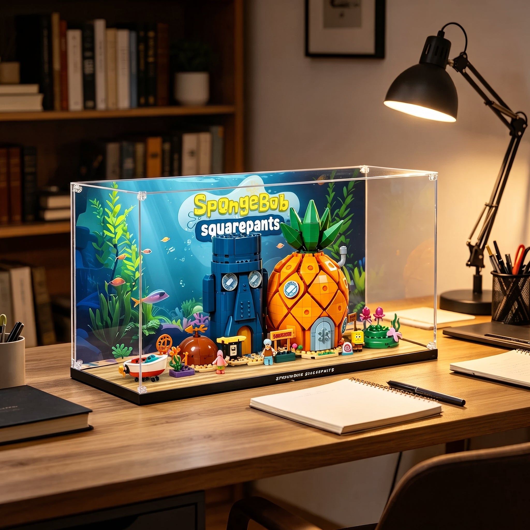 Dustproof HD Ultra-Clear Acrylic Display Case with Water Ripple LED Light & UV Protection for SpongeBob SquarePants Bikini Bottom 11386