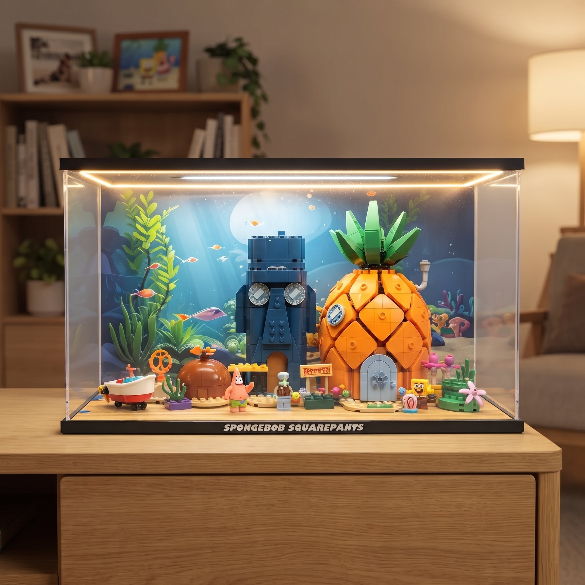 Dustproof HD Ultra-Clear Acrylic Display Case with Water Ripple LED Light & UV Protection for SpongeBob SquarePants Bikini Bottom 11386