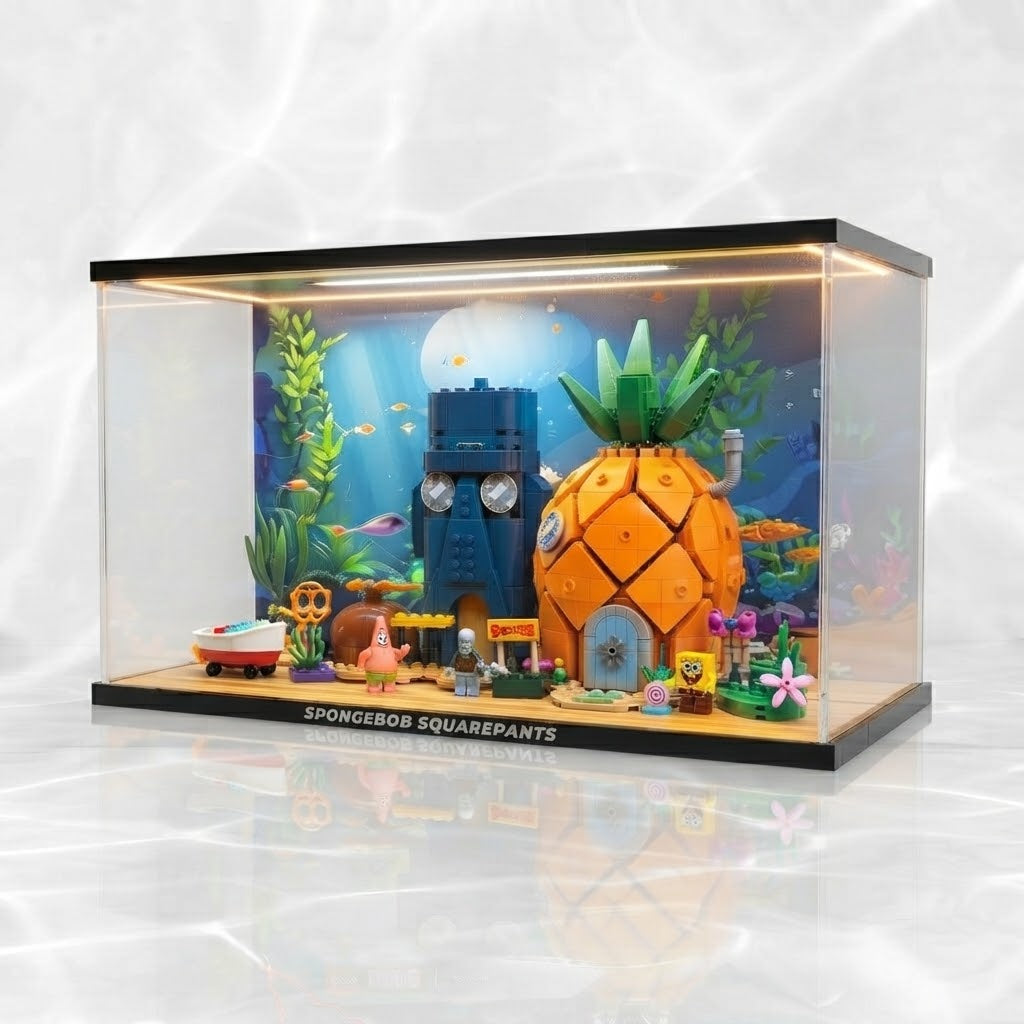 Dustproof HD Ultra-Clear Acrylic Display Case with Water Ripple LED Light & UV Protection for SpongeBob SquarePants Bikini Bottom 11386