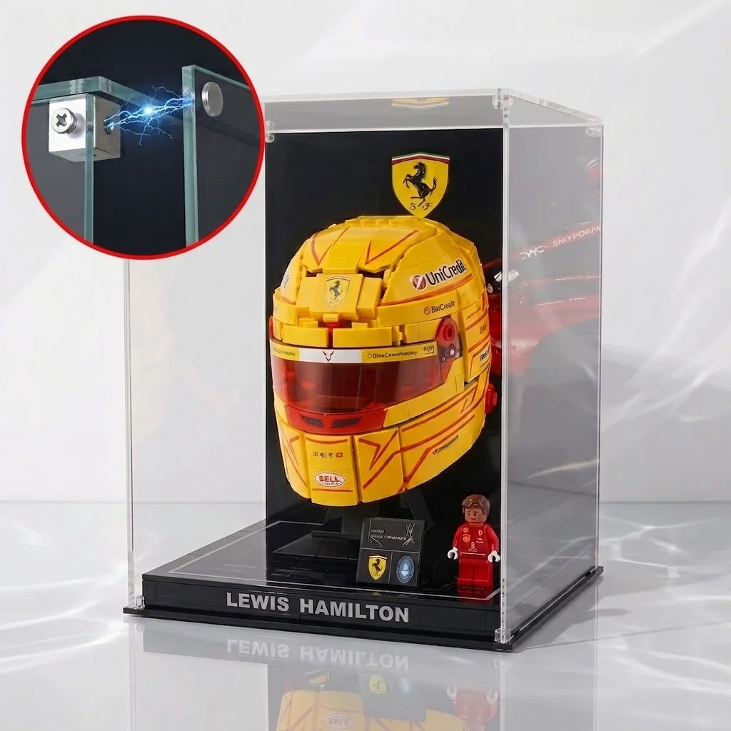 Dustproof HD Acrylic Display Case with Magnetic Access Door & UV Protection for LEGO 43014 Leclerc & Hamilton Helmets