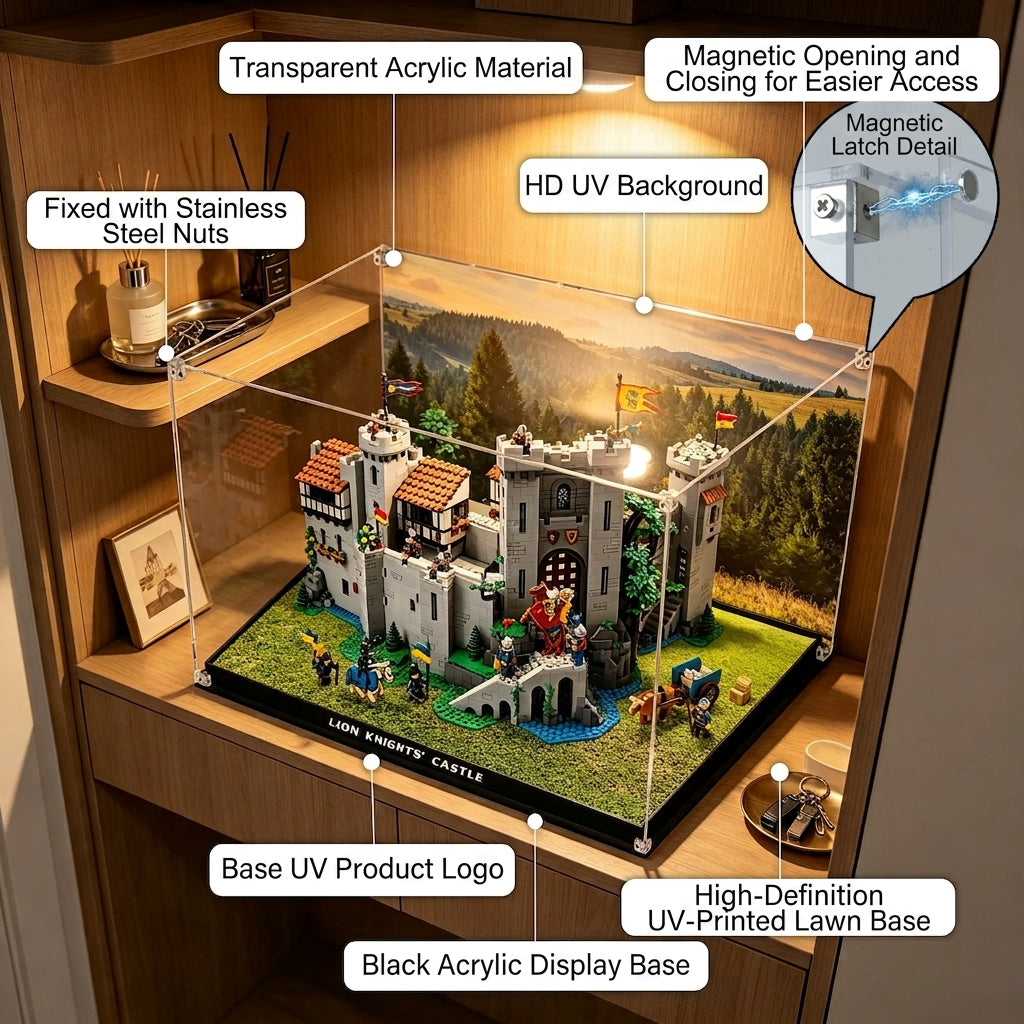 Dustproof HD Ultra-Clear Acrylic Display Case with Magnetic Door & UV Protection for Lion Knights' Castle 10305