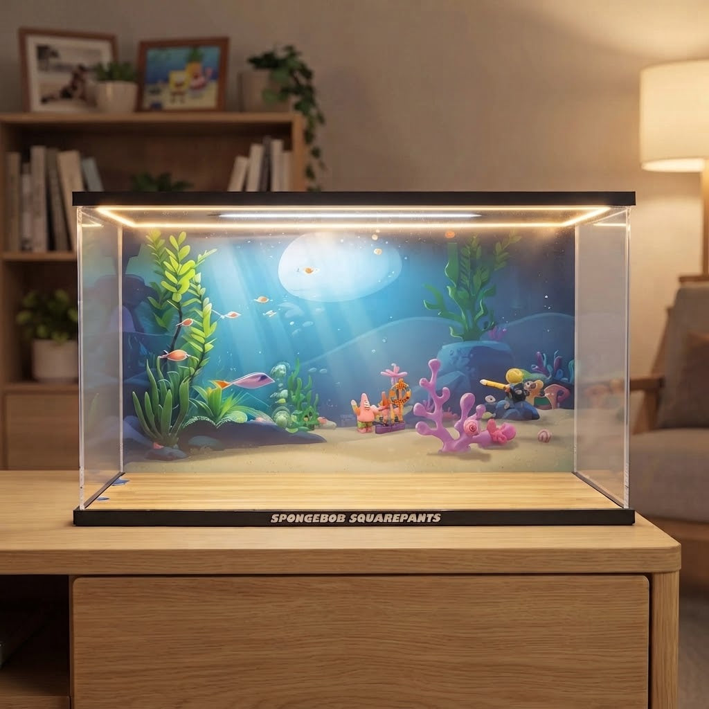 Dustproof HD Ultra-Clear Acrylic Display Case with Water Ripple LED Light & UV Protection for SpongeBob SquarePants Bikini Bottom 11386