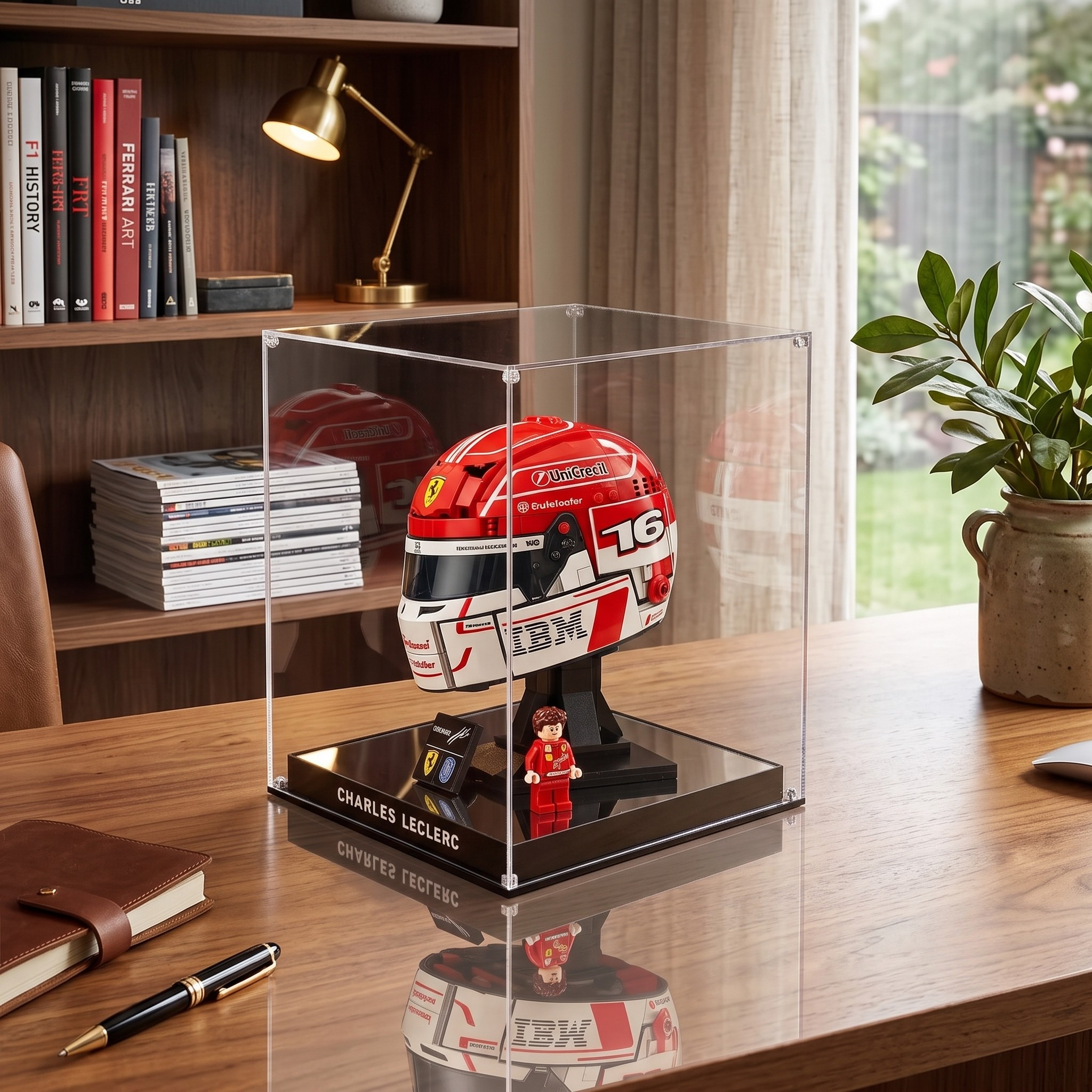 Dustproof HD Acrylic Display Case with Magnetic Access Door & UV Protection for LEGO 43014 Leclerc & Hamilton Helmets