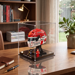 Dustproof HD Acrylic Display Case with Magnetic Access Door & UV Protection for LEGO 43014 Leclerc & Hamilton Helmets