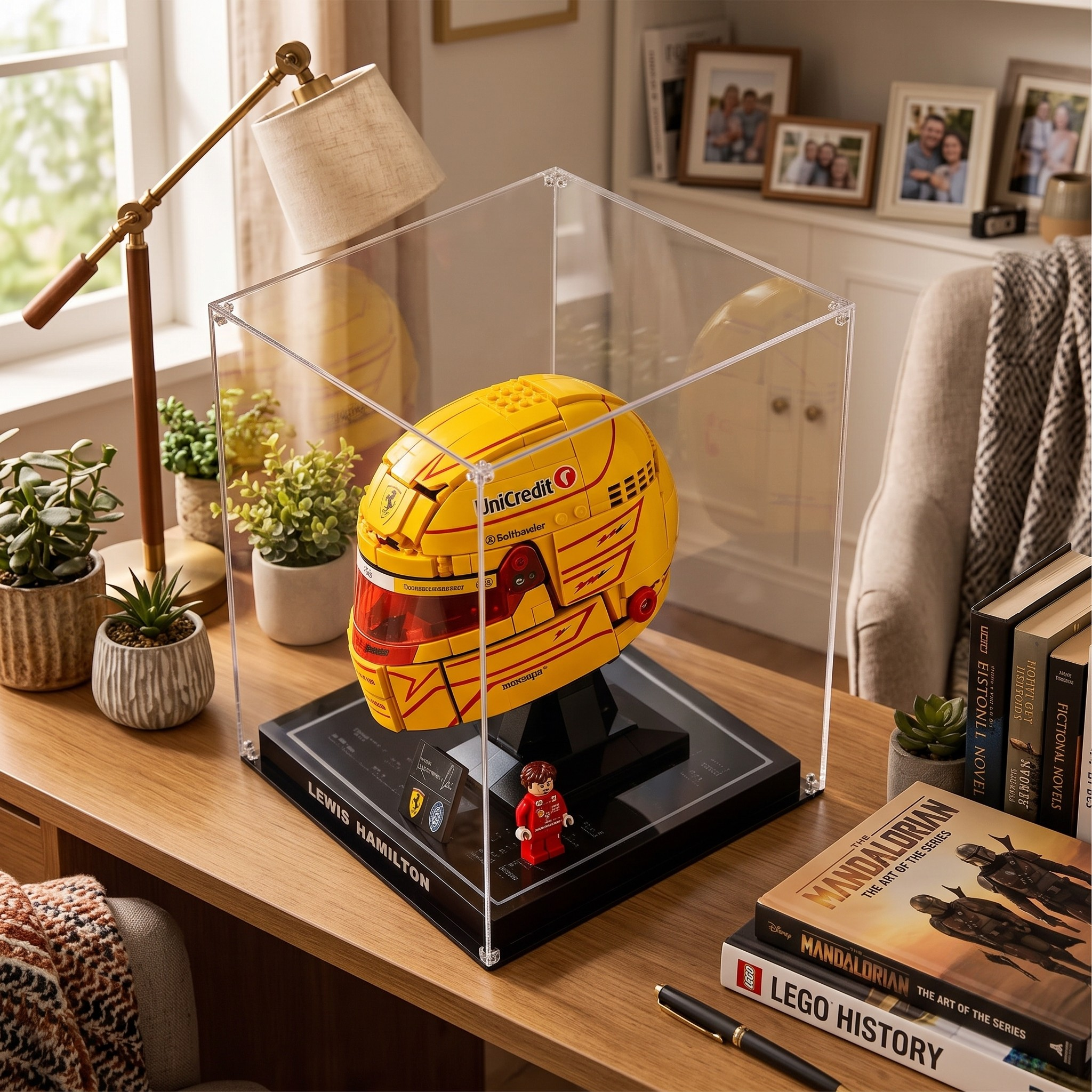 Dustproof HD Acrylic Display Case with Magnetic Access Door & UV Protection for LEGO 43014 Leclerc & Hamilton Helmets