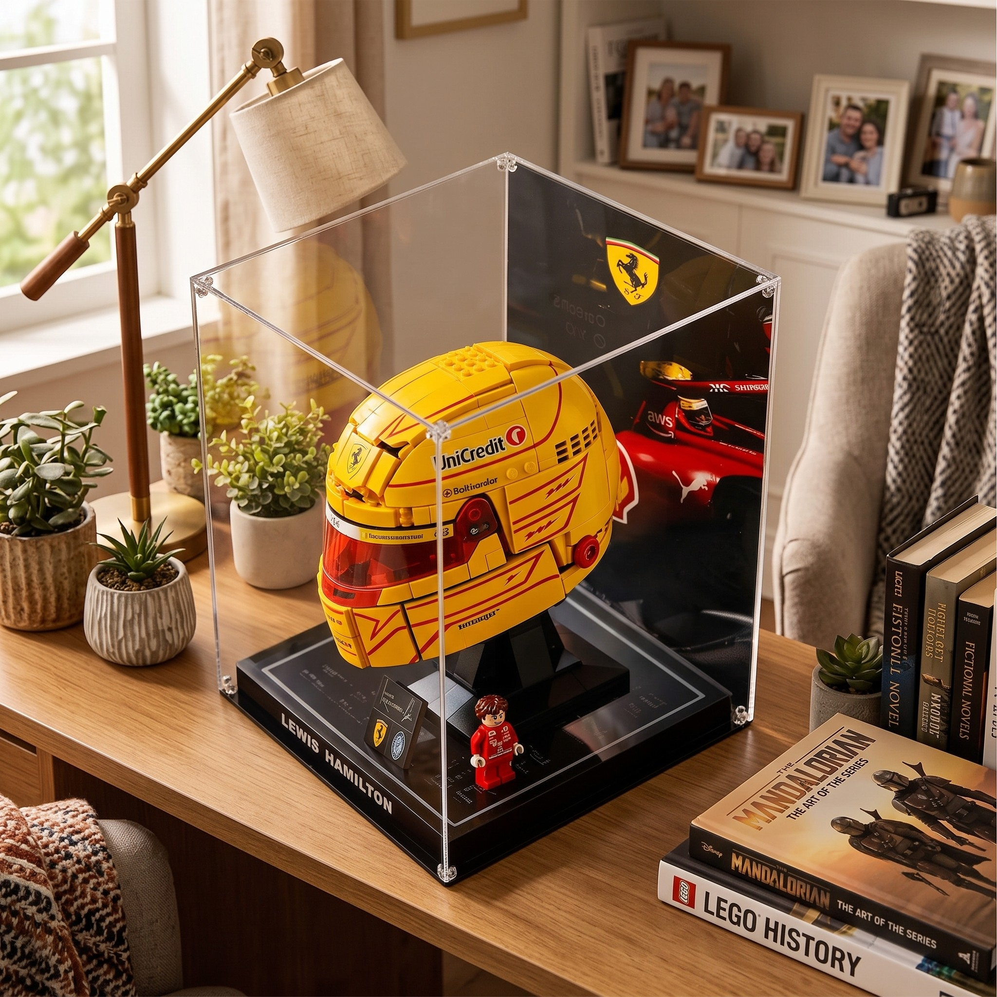Dustproof HD Acrylic Display Case with Magnetic Access Door & UV Protection for LEGO 43014 Leclerc & Hamilton Helmets