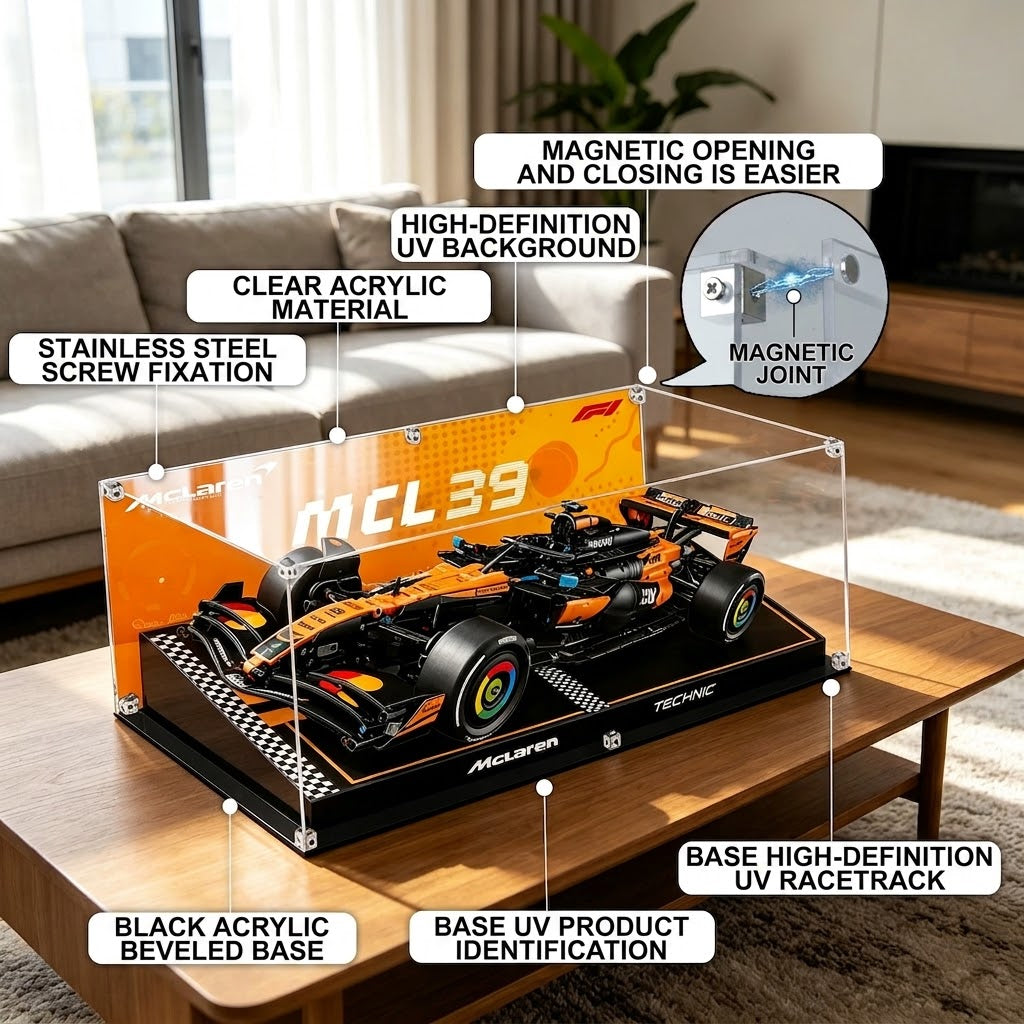 Dustproof HD Ultra-Clear Magnetic Door Acrylic Display Case with UV Protection for McLaren MCL39 F1 Race Car 42228