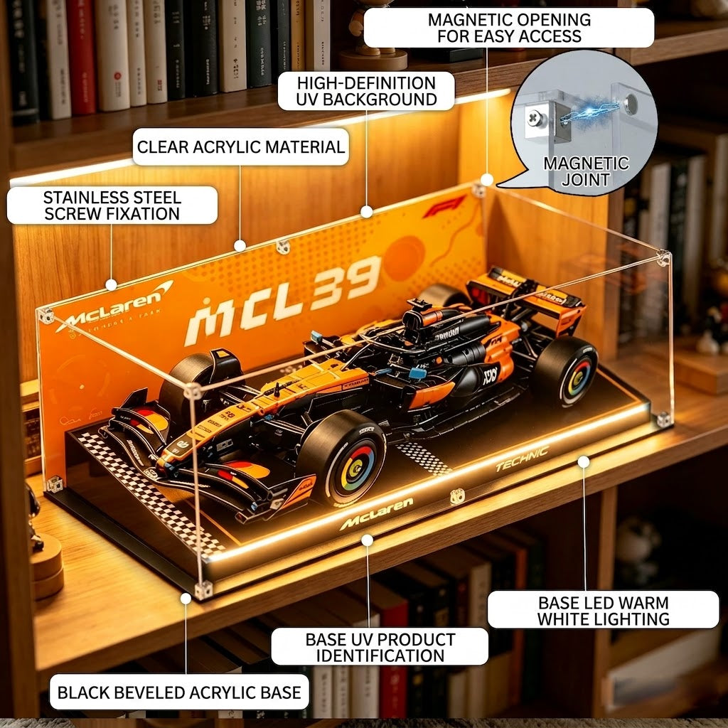 Dustproof HD Ultra-Clear Magnetic Door Acrylic Display Case with UV Protection for McLaren MCL39 F1 Race Car 42228